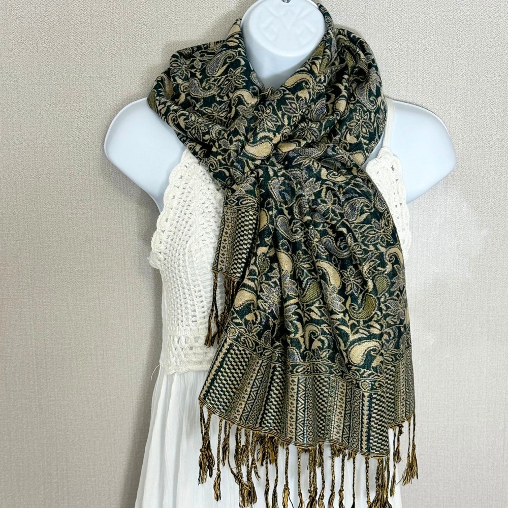 Pashmina Paisley Wrap Shawl Scarf Fringe Green Gold Cotton Silk Blend - Picture 6 of 8